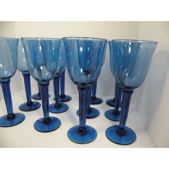 Vintage Cobalt Blue Blown Glass Goblets Stemware Wine Water Glasses Elegant Des - Picture 5 of 14